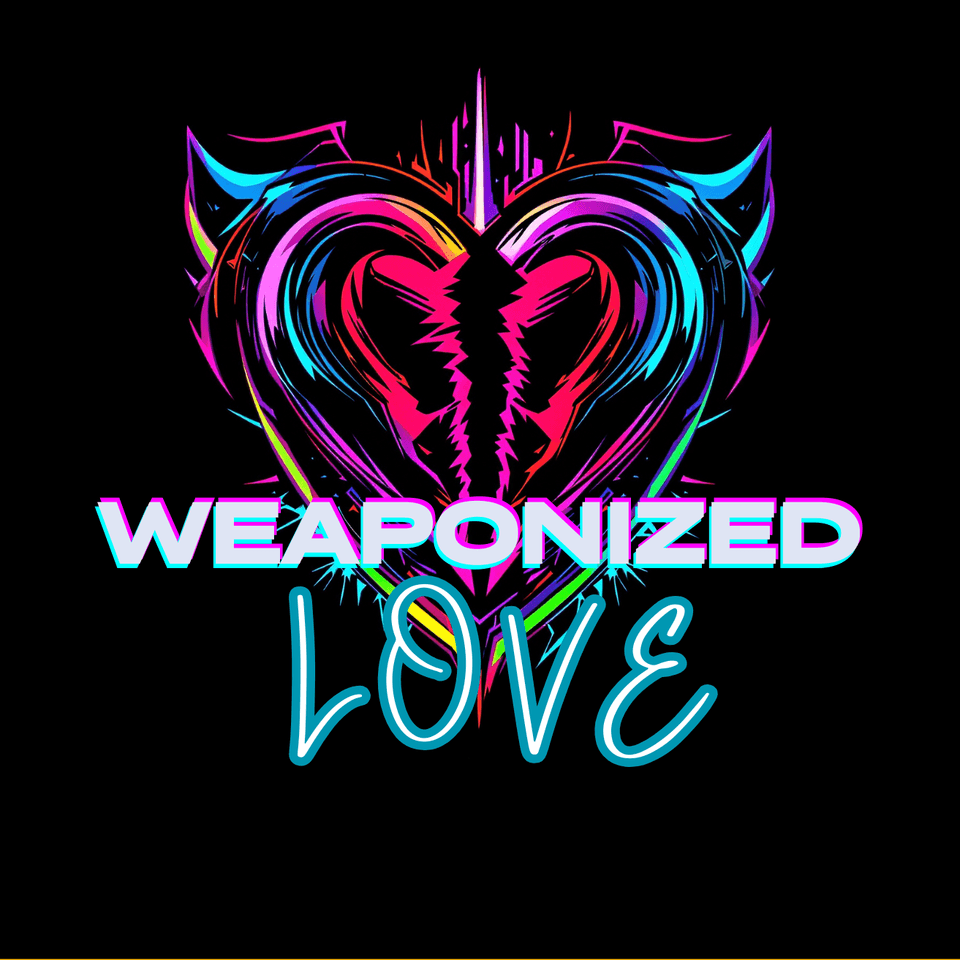 Weaponized Love™ podcast artwork — a neon heart split down the middle